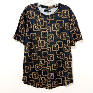 GBG Los Angeles T-Shirt Black & Gold Floral w/ Raised Embossed Medallion Size XL